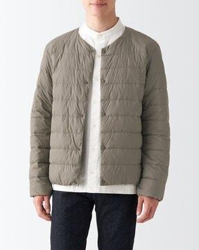 nylon light weight pocketable collarless button-down jacket