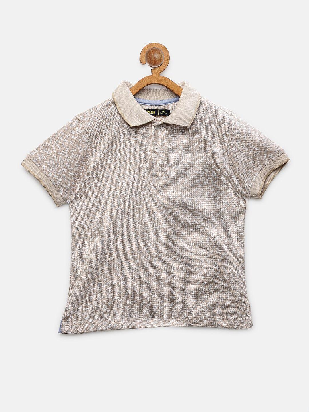 nynsh- pluss kids boys beige & white floral printed polo collar cotton t-shirt