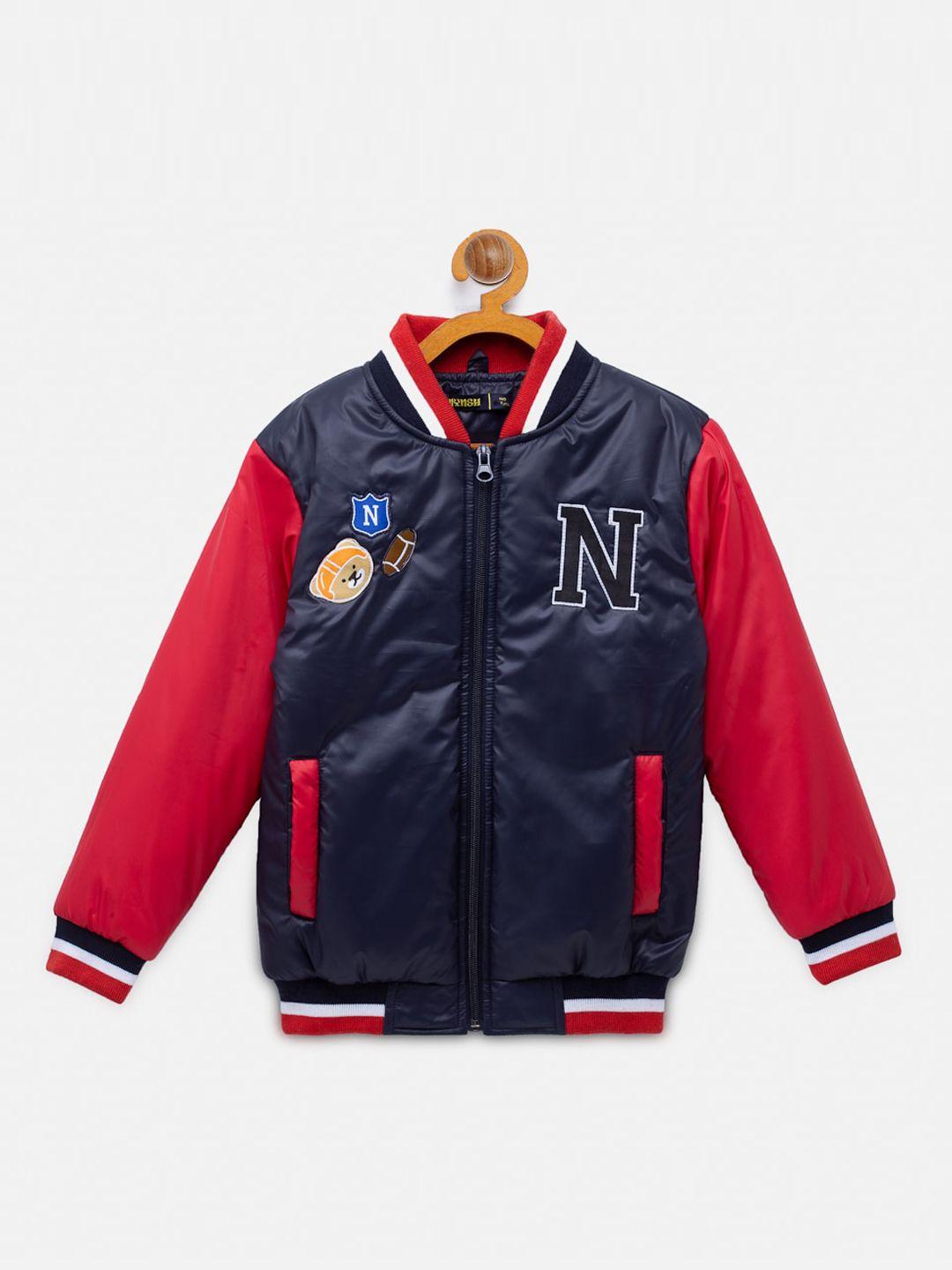 nynsh- pluss kids boys navy blue & red colourblocked varsity jacket with patchwork