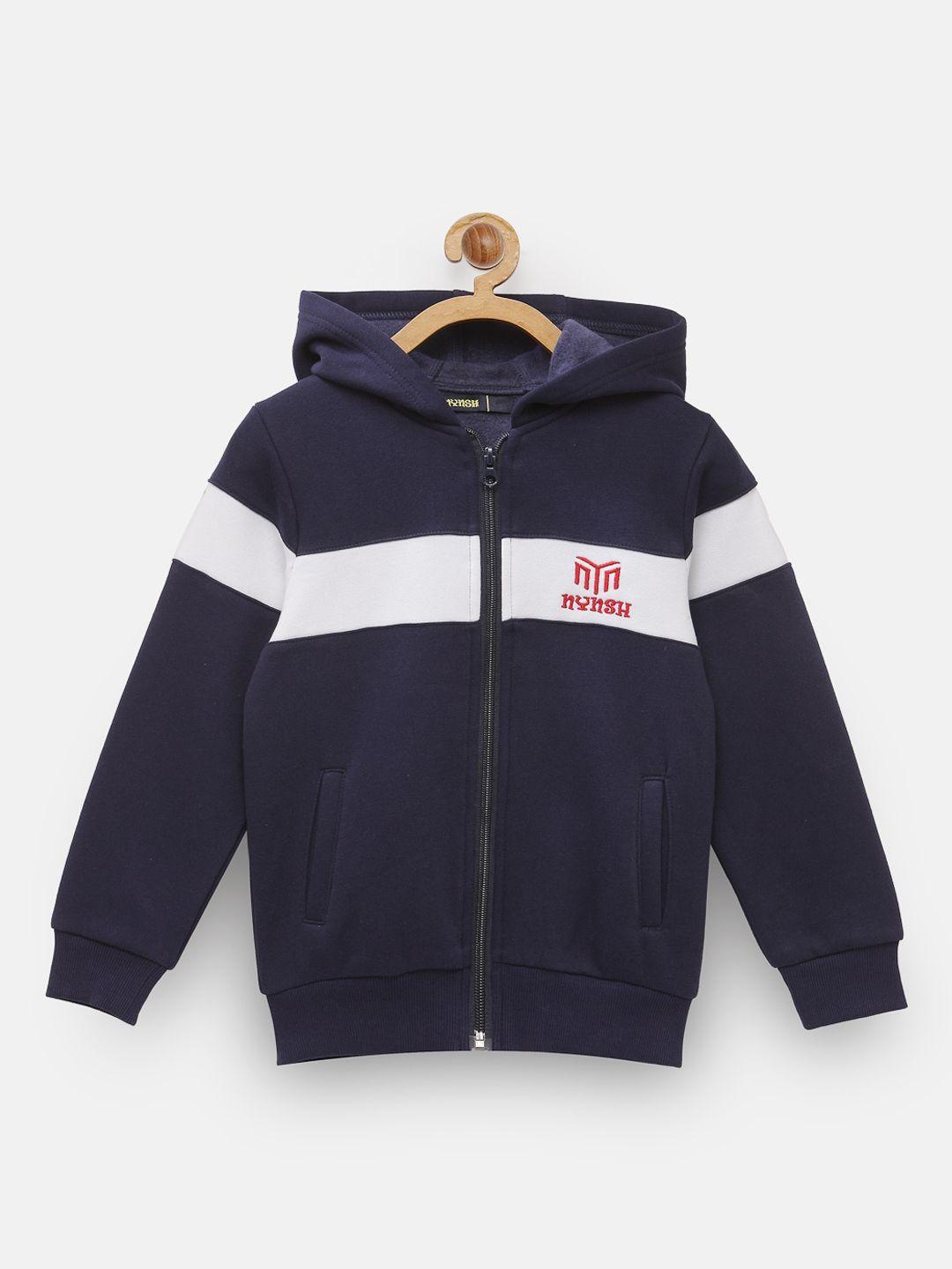 nynsh- pluss kids boys navy blue & white colourblocked open front hooded jacket