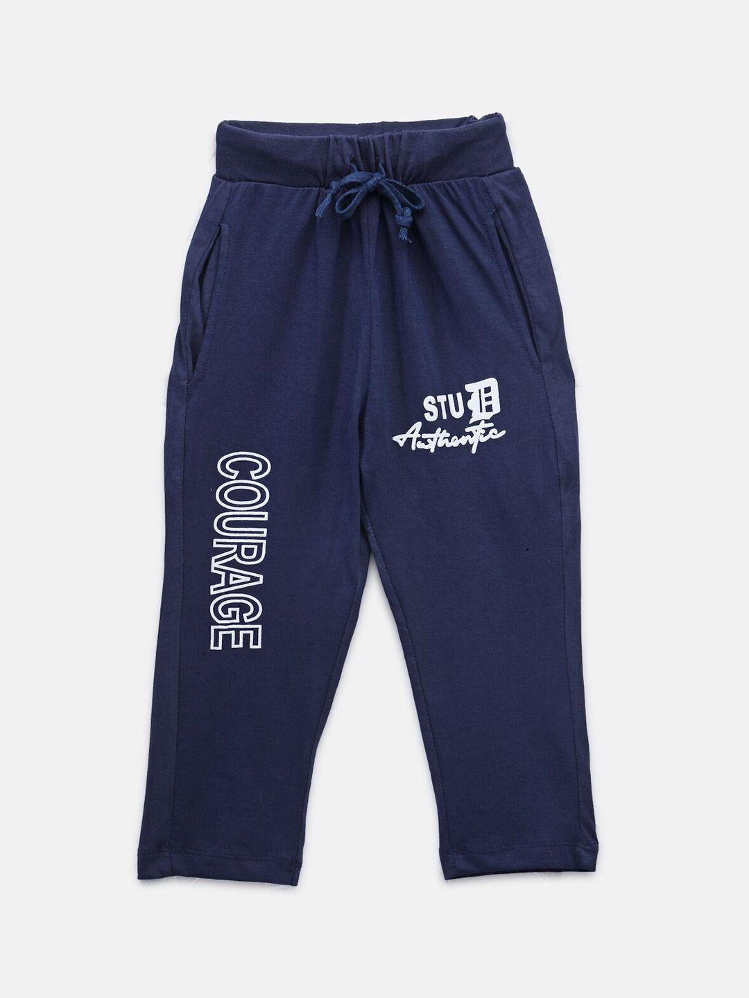 nynsh- pluss kids boys navy blue & white printed cotton track pants