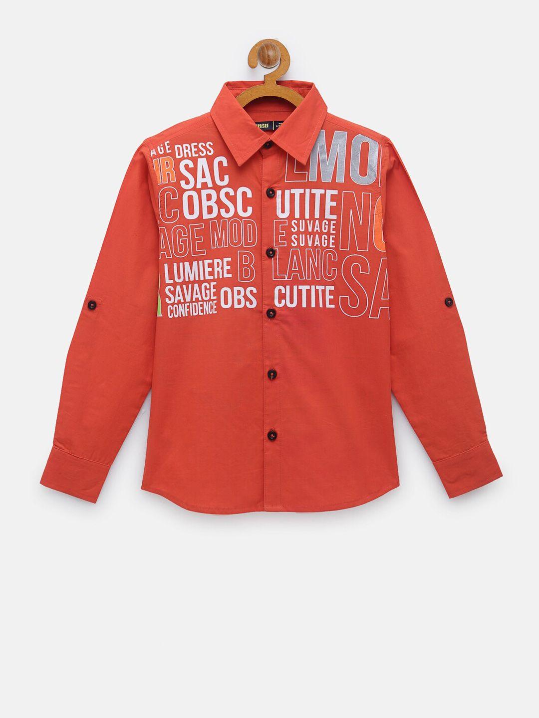 nynsh- pluss kids boys orange typography printed cotton casual shirt