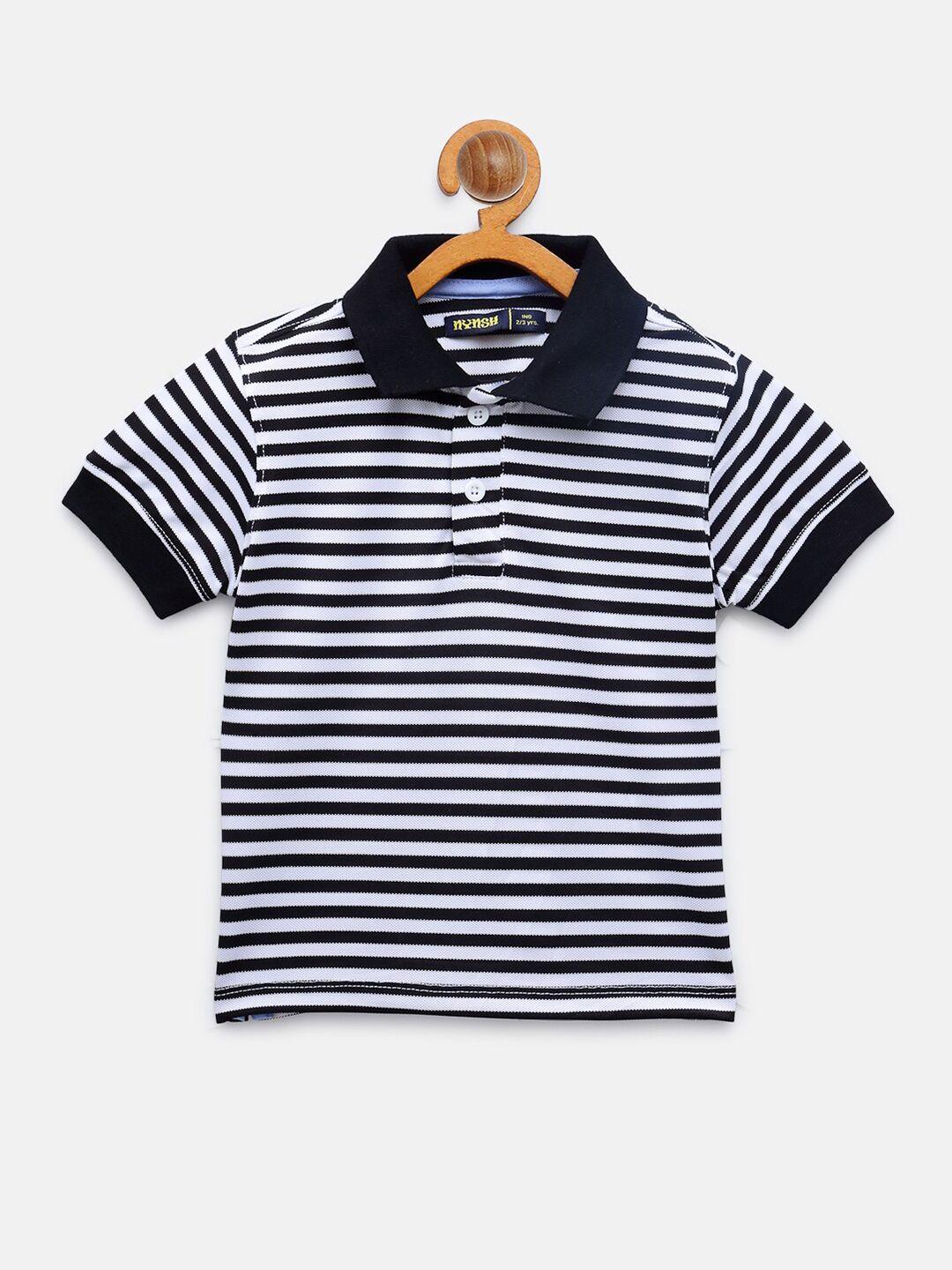 nynsh- pluss kids boys white & black striped polo collar pure cotton t-shirt