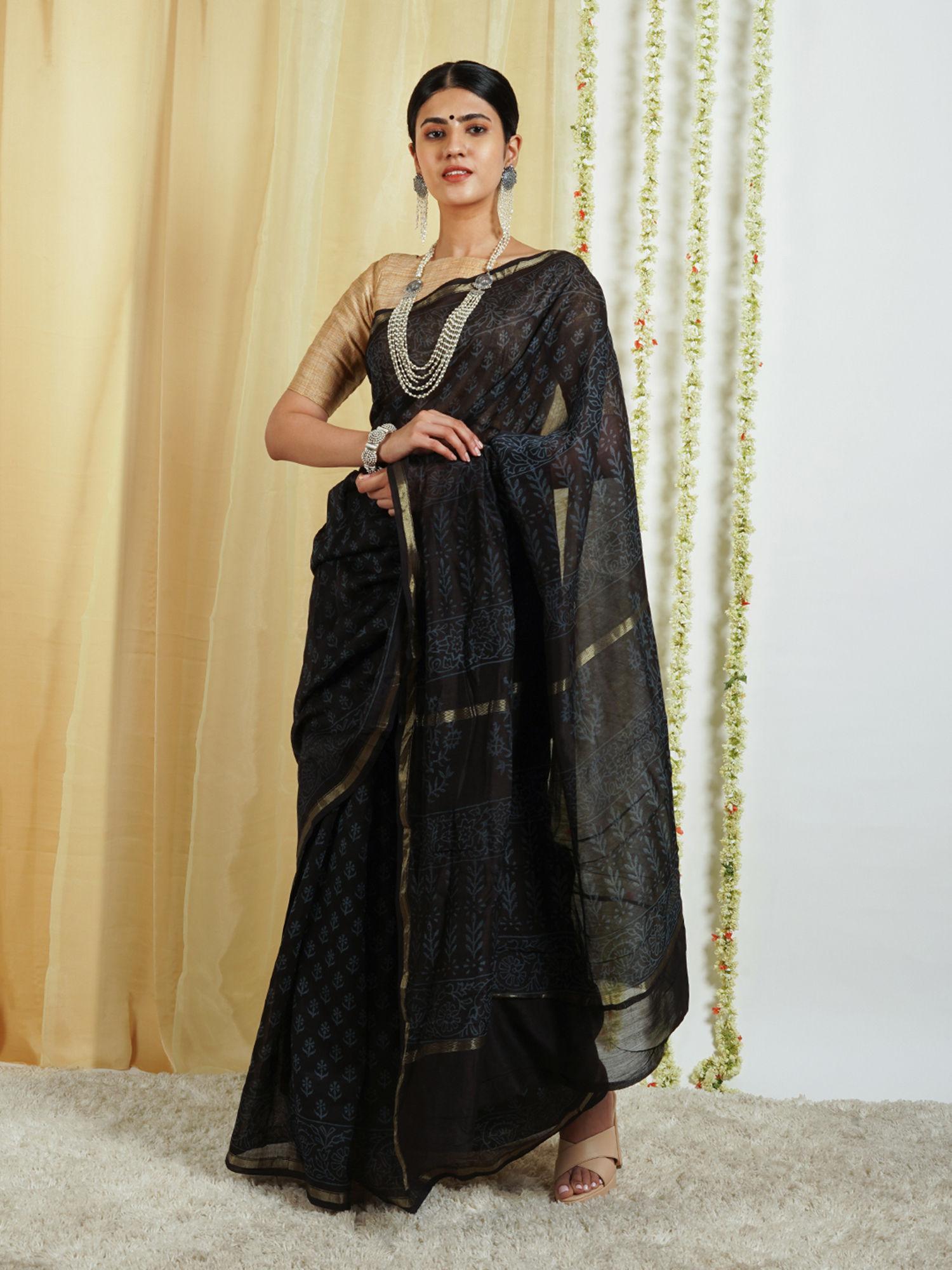 nyra black block print chanderi silk saree with unstitched blouse