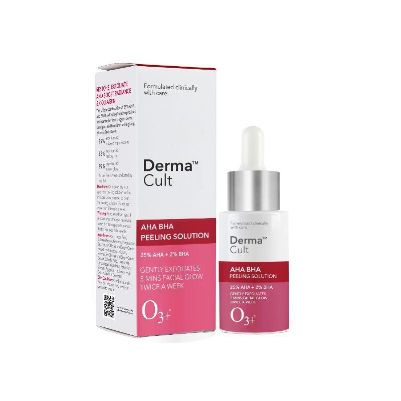 o3+ derma cult 25% aha + bha 2% peeling solution for glowing skin and pore cleansing