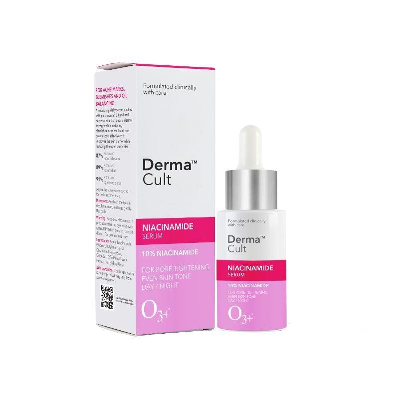 o3+ derma cult 10% niacinamide serum for acne marks, blemishes, oil balancing & dark spots