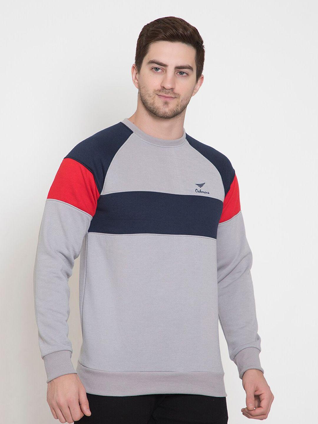 oakmans men colourblocked round neck fleece pullover sweatshirt