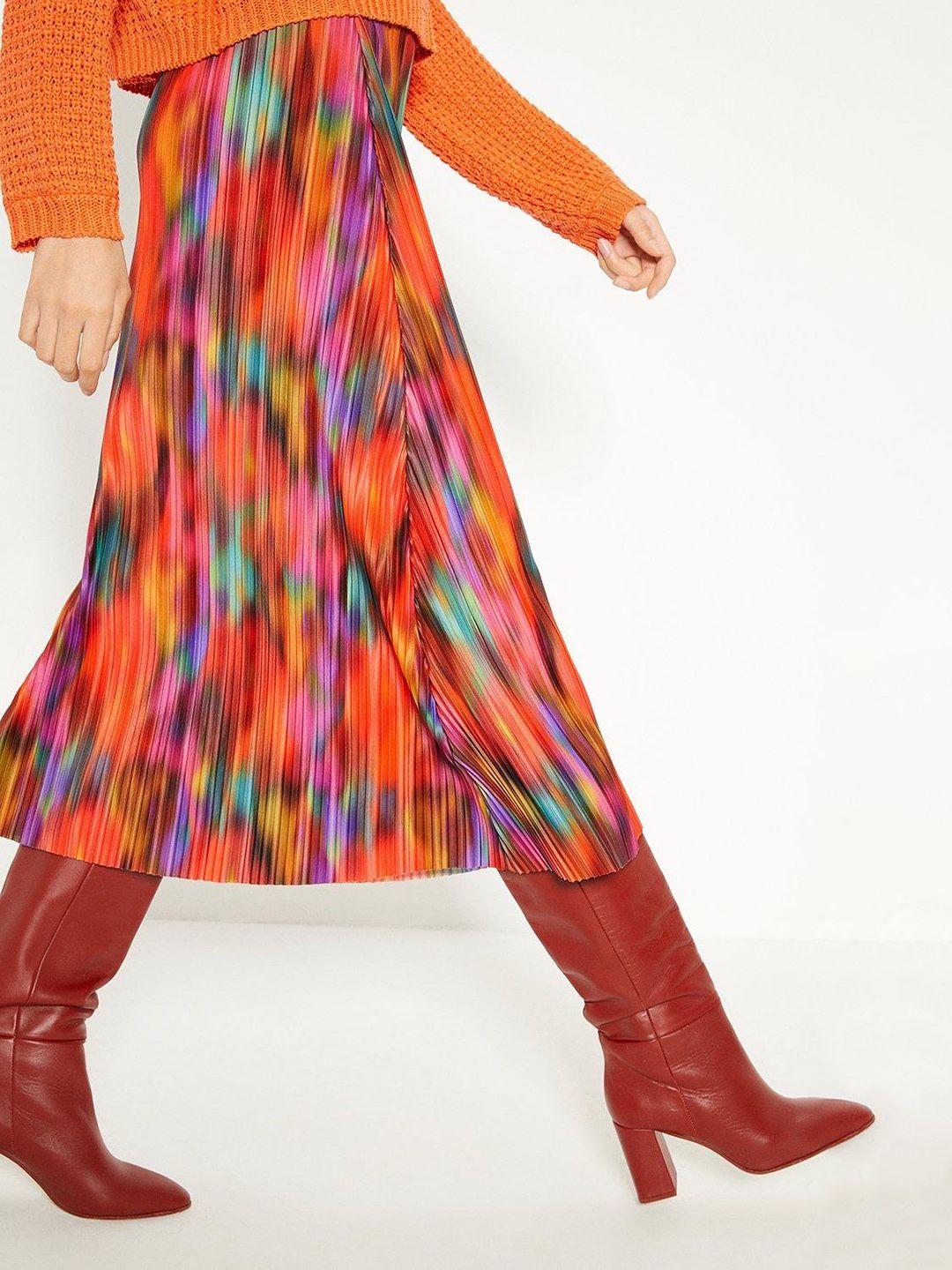 oasis blur printed plisse midi flared skirt