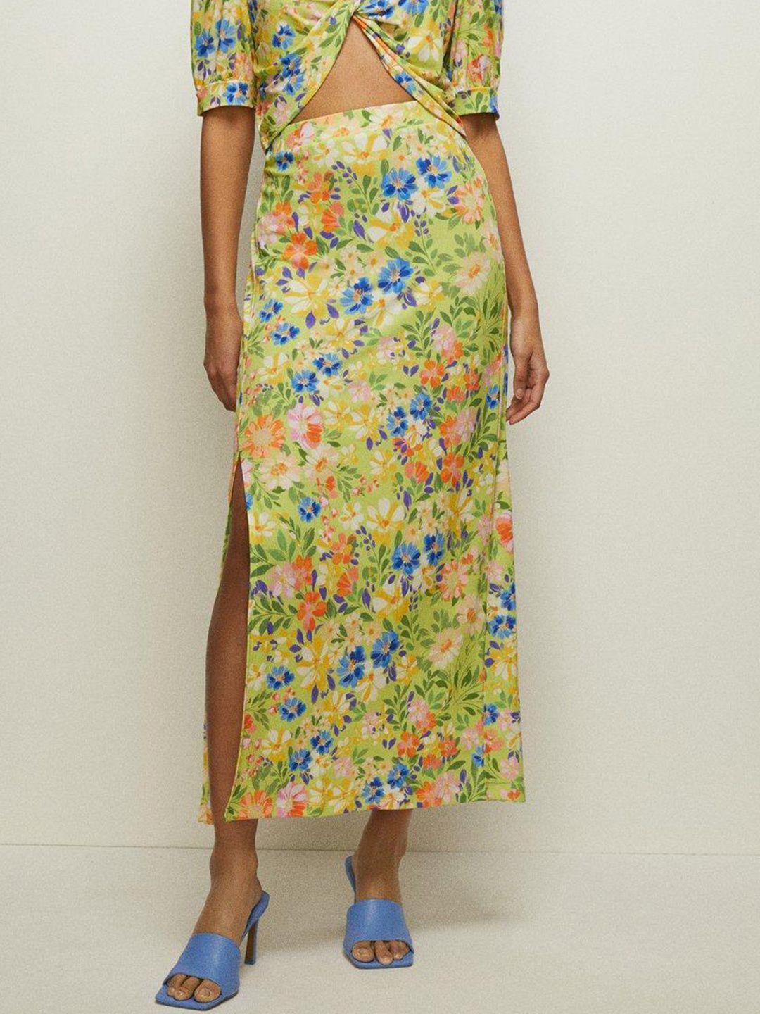 oasis floral print side slit midi straight skirt