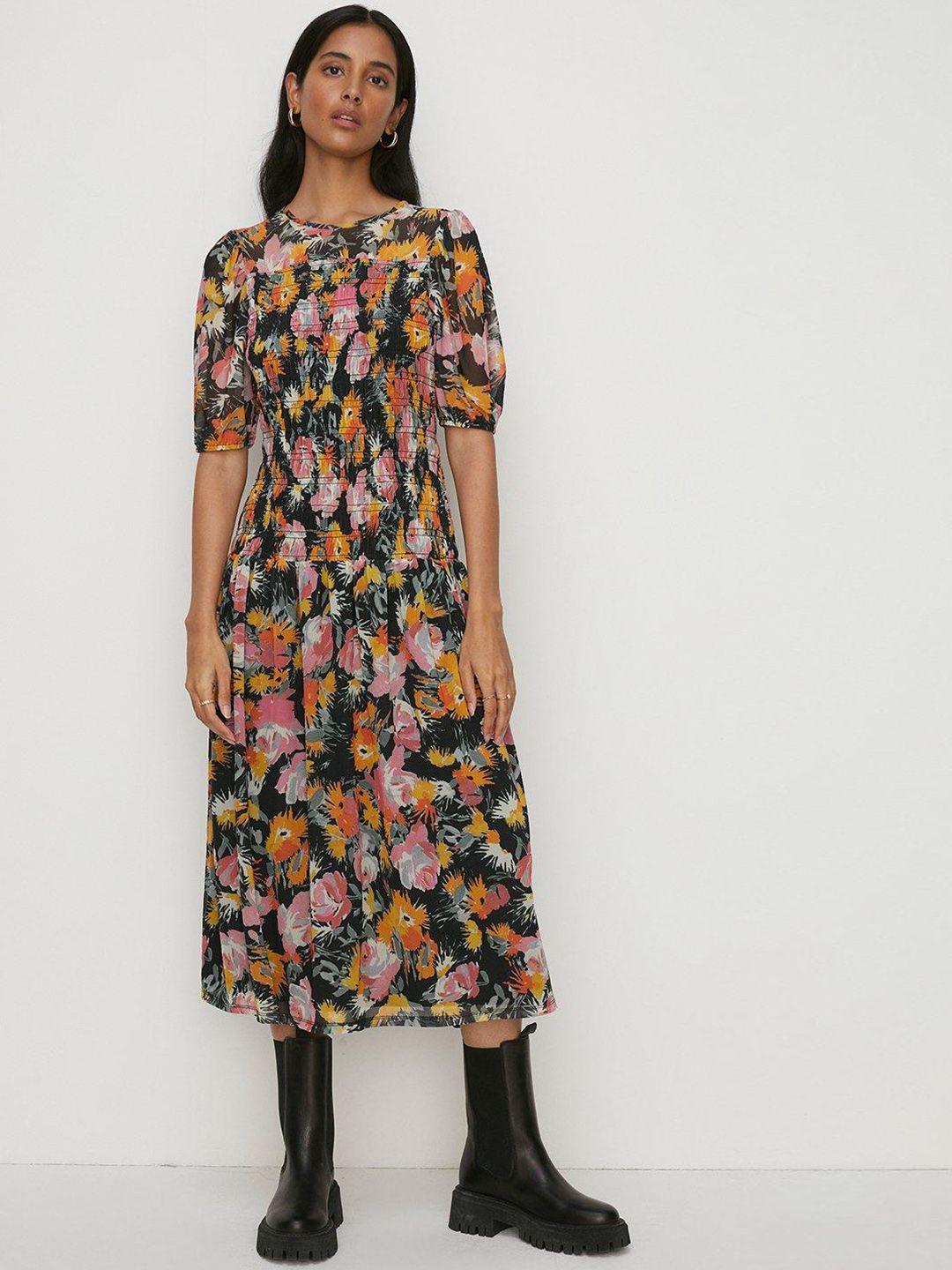 oasis floral mesh shirred bodice puff sleeve a-line midi dress