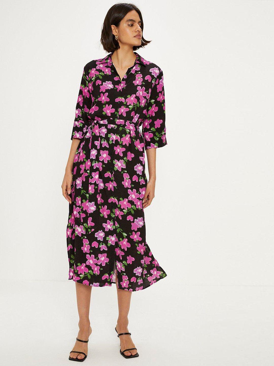 oasis floral print belted shirt midi dress