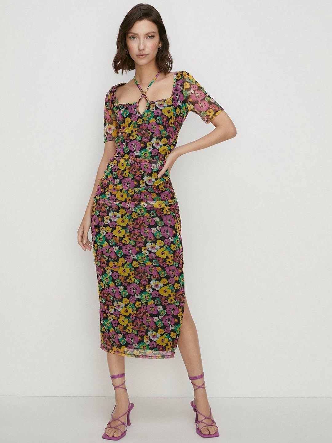 oasis floral print cut-out & tie-up detail sheath midi dress