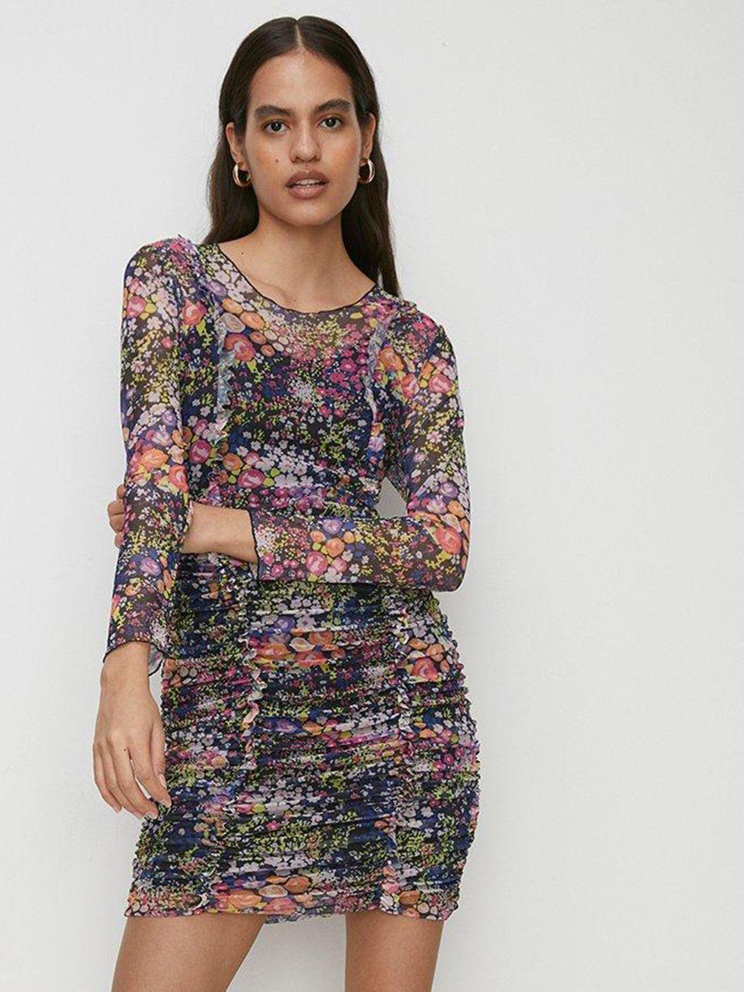 oasis floral print mesh bodycon ruched mini dress