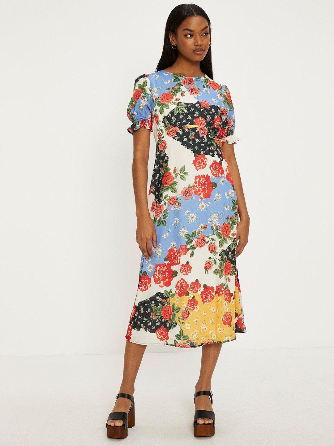 oasis floral print puff sleeve a-line midi dress