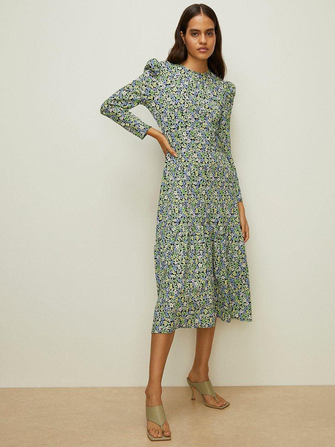 oasis floral print puff sleeves a-line midi dress