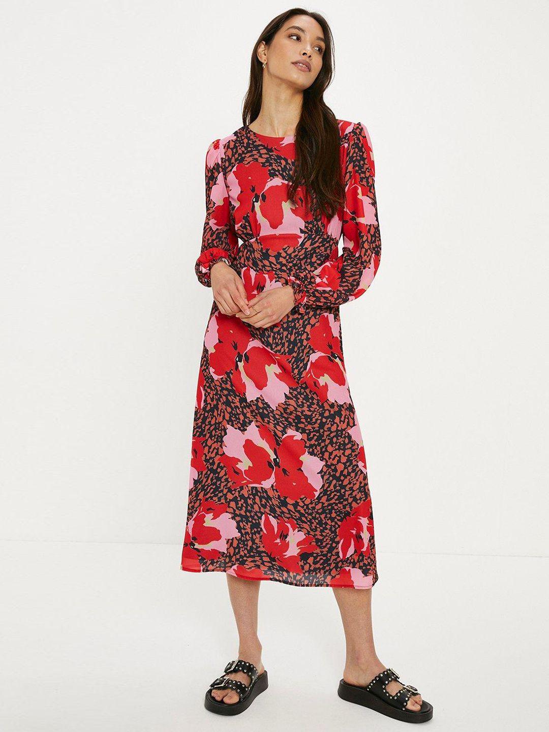 oasis floral print puff sleeves a-line midi dress