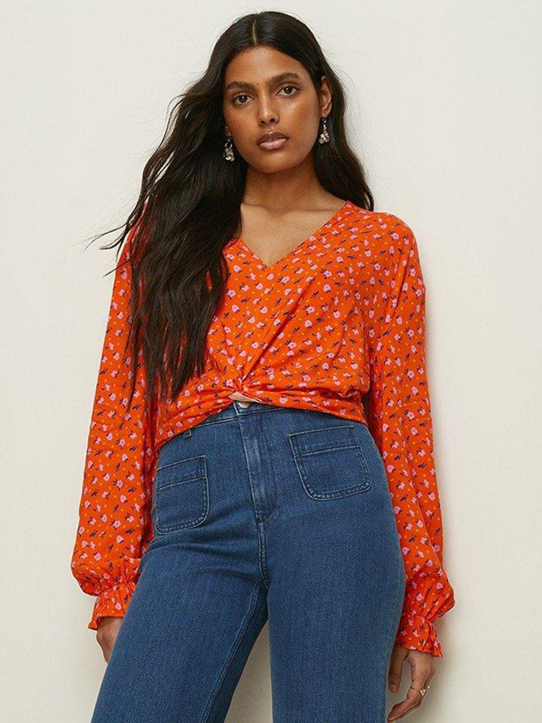 oasis floral print puff sleeves twisted detail top