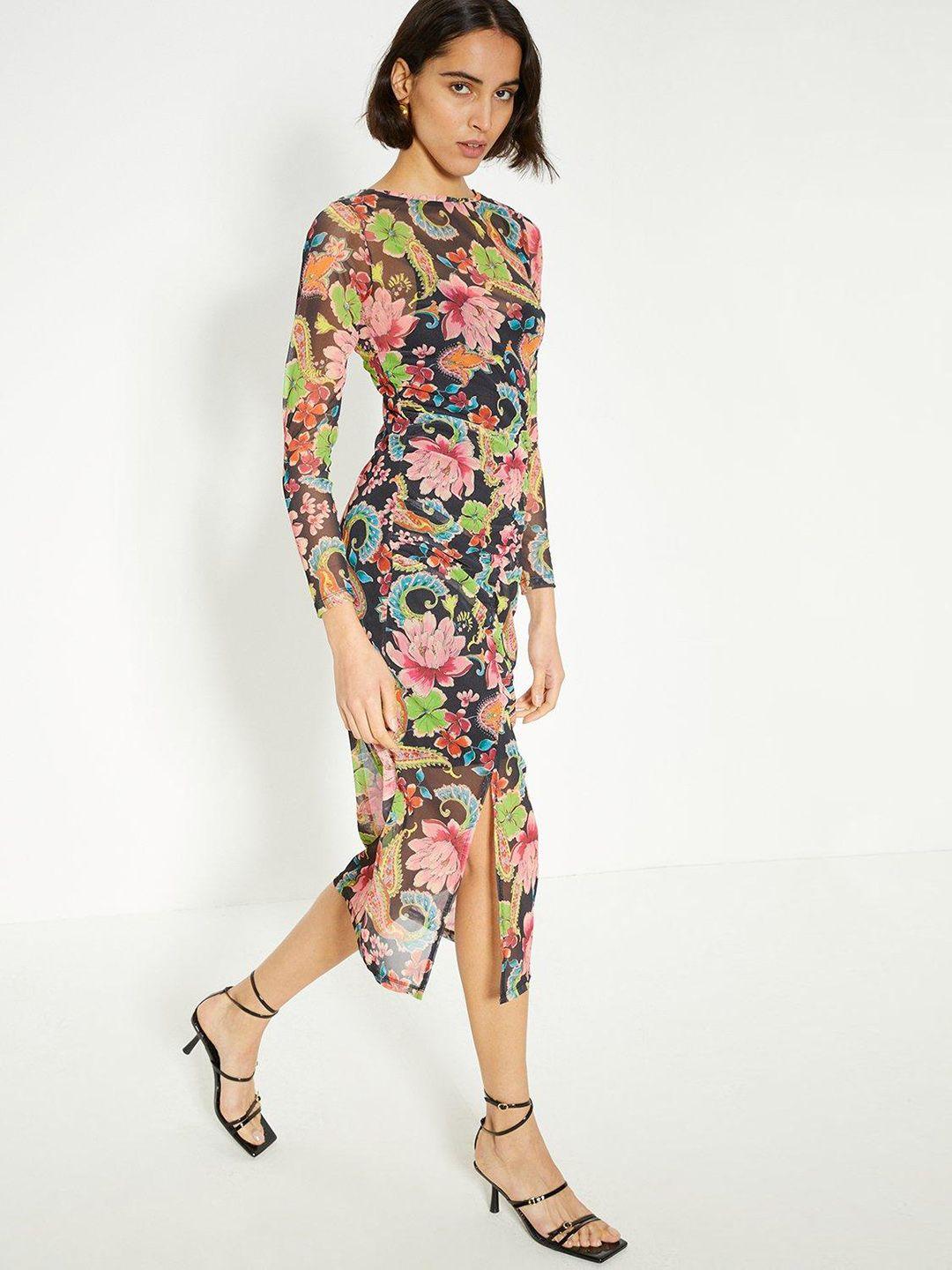 oasis floral print ruched mesh bodycon midi dress