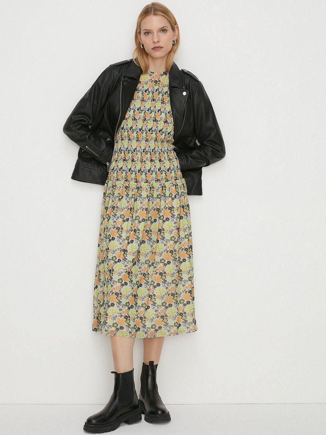 oasis floral print smocked puff sleeves a-line midi dress