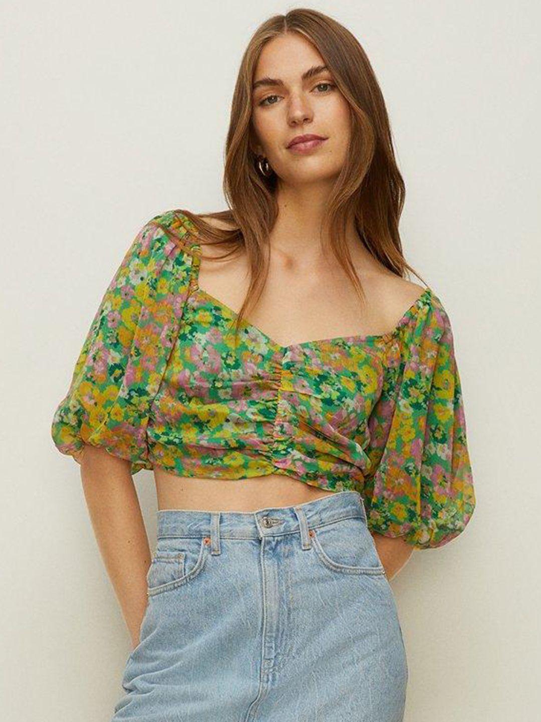 oasis floral print sweetheart neck ruched front puff sleeves cropped top with smocked back