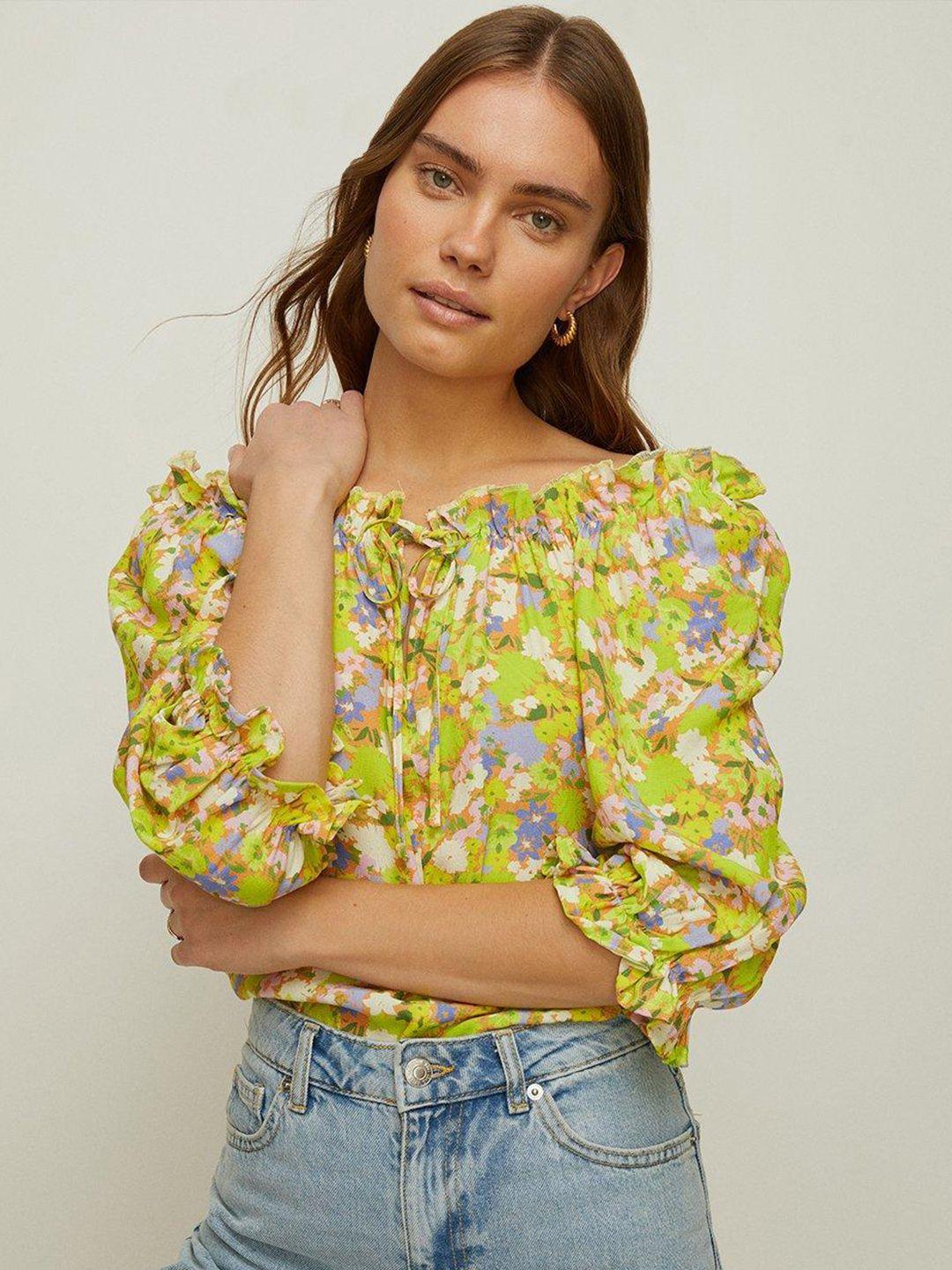 oasis floral printed tie-up neck puff sleeves  top