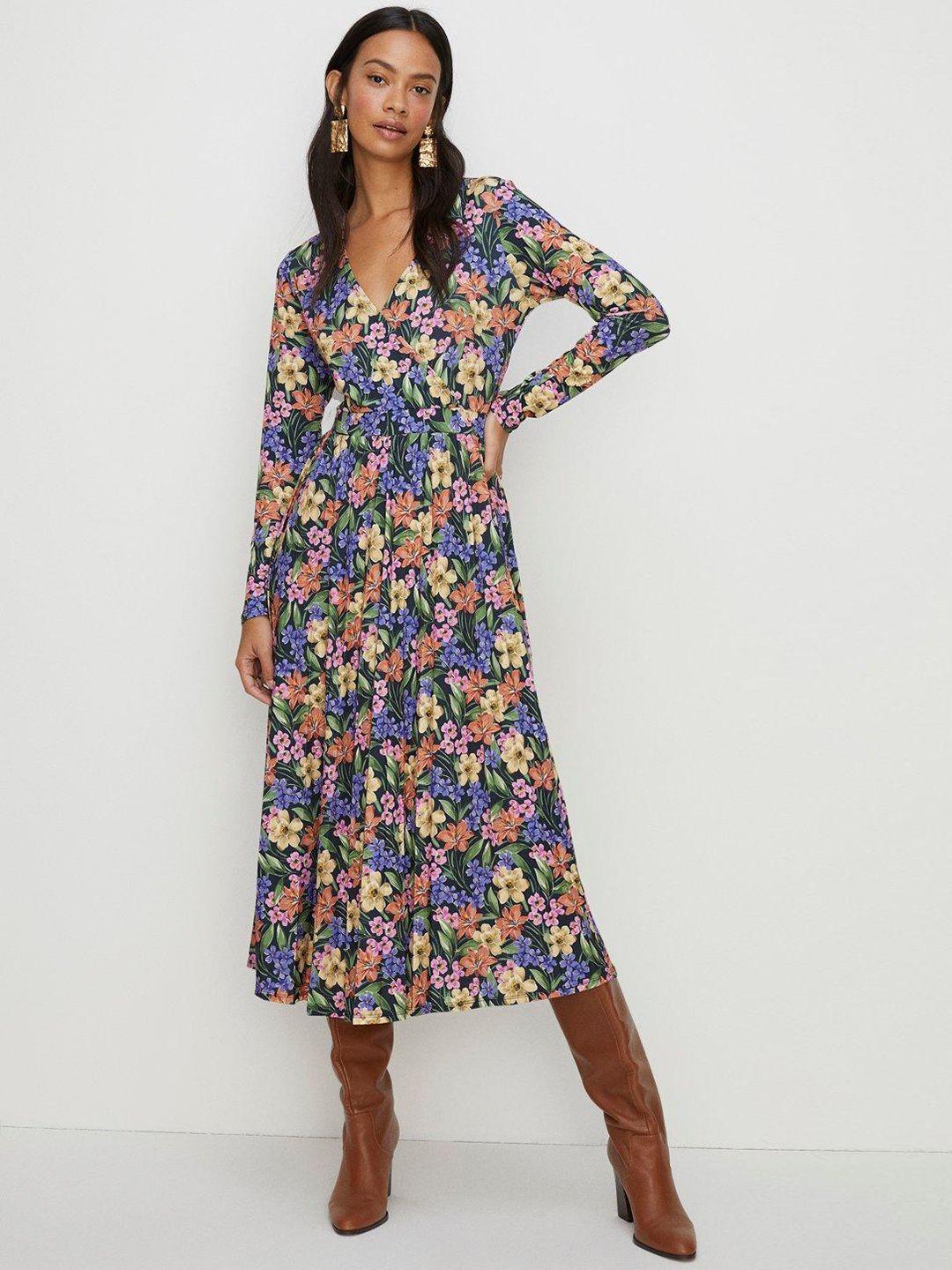 oasis floral slinky mock wrap pleated midi dress