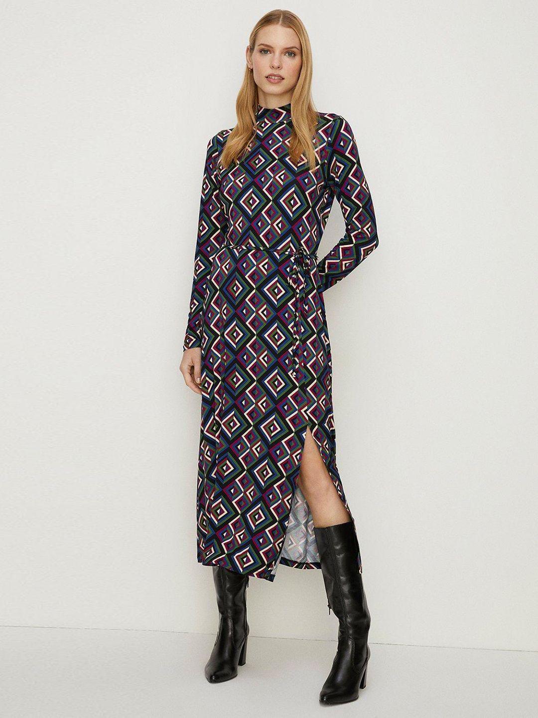 oasis funnel neck belted geometric print a-line jersey midi dress