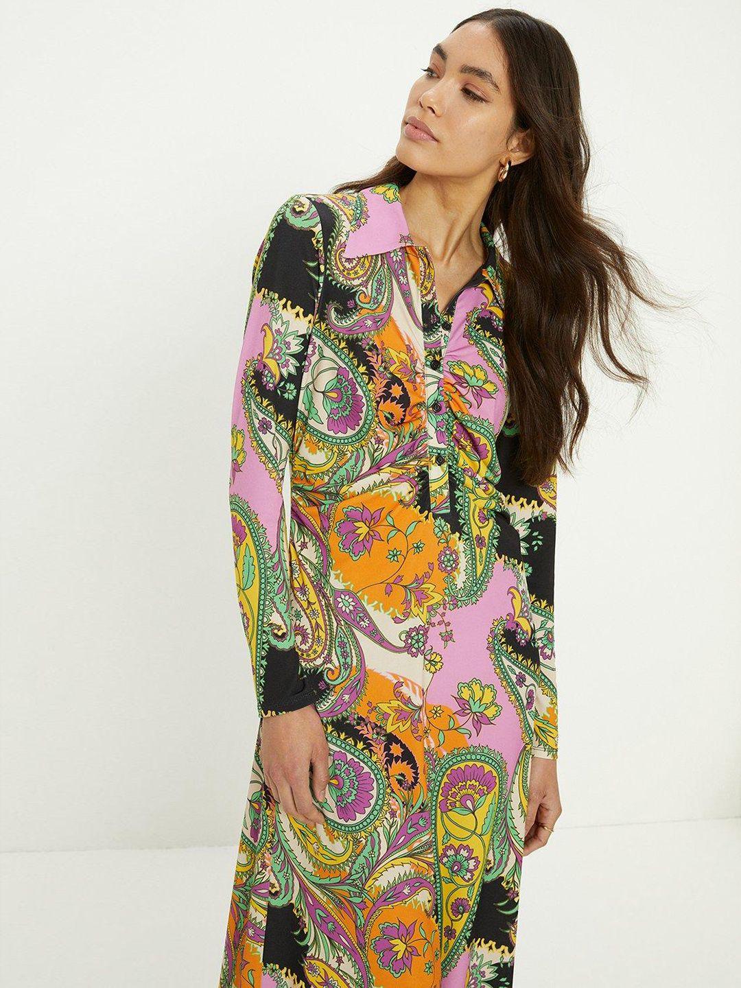 oasis paisley printed ruched shirt midi dress