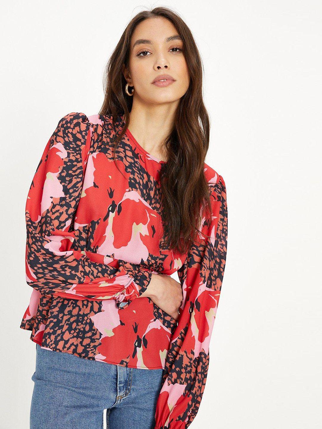 oasis print puff sleeve peplum top