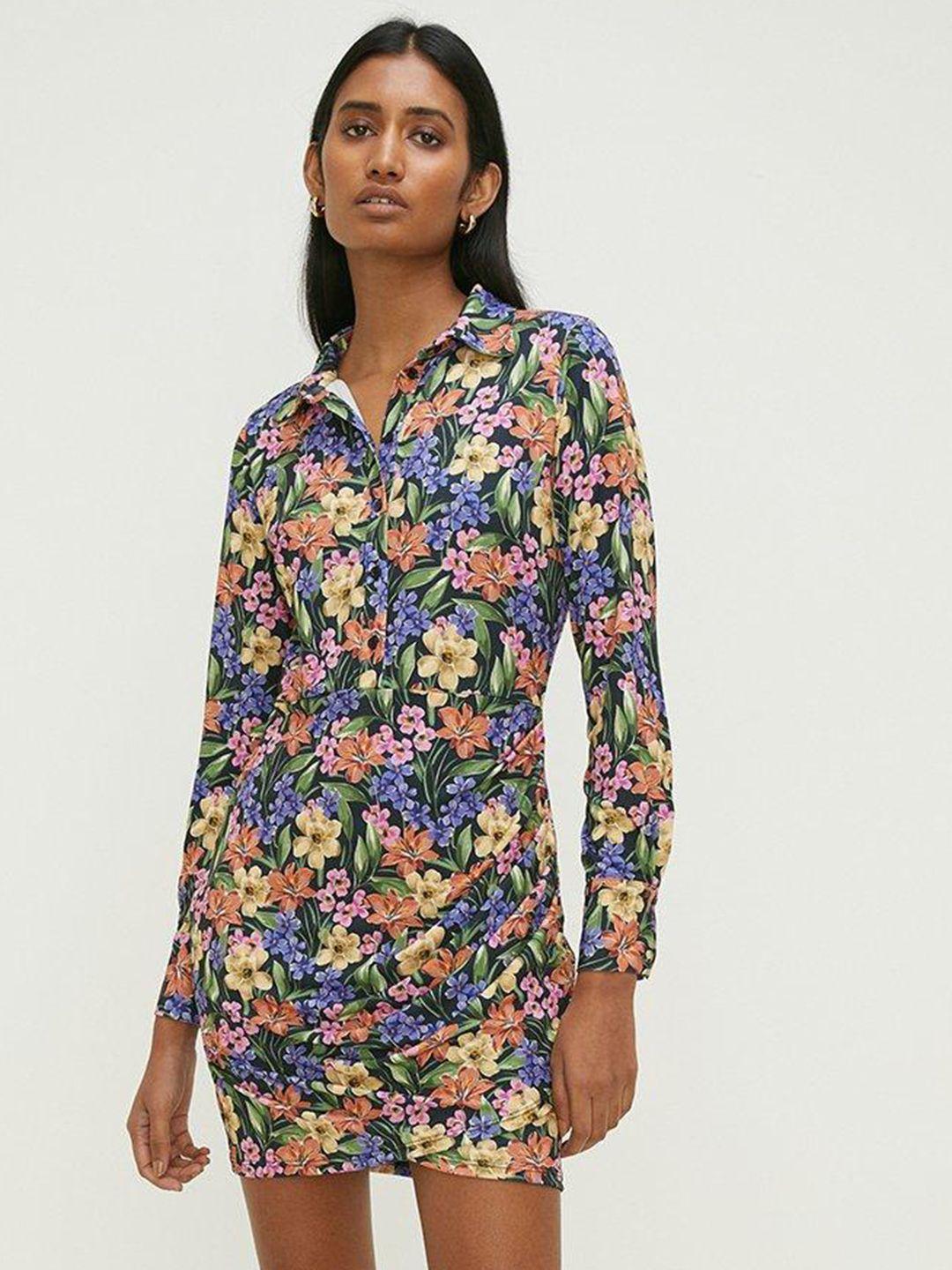 oasis slinky floral print mock wrap shirt mini dress