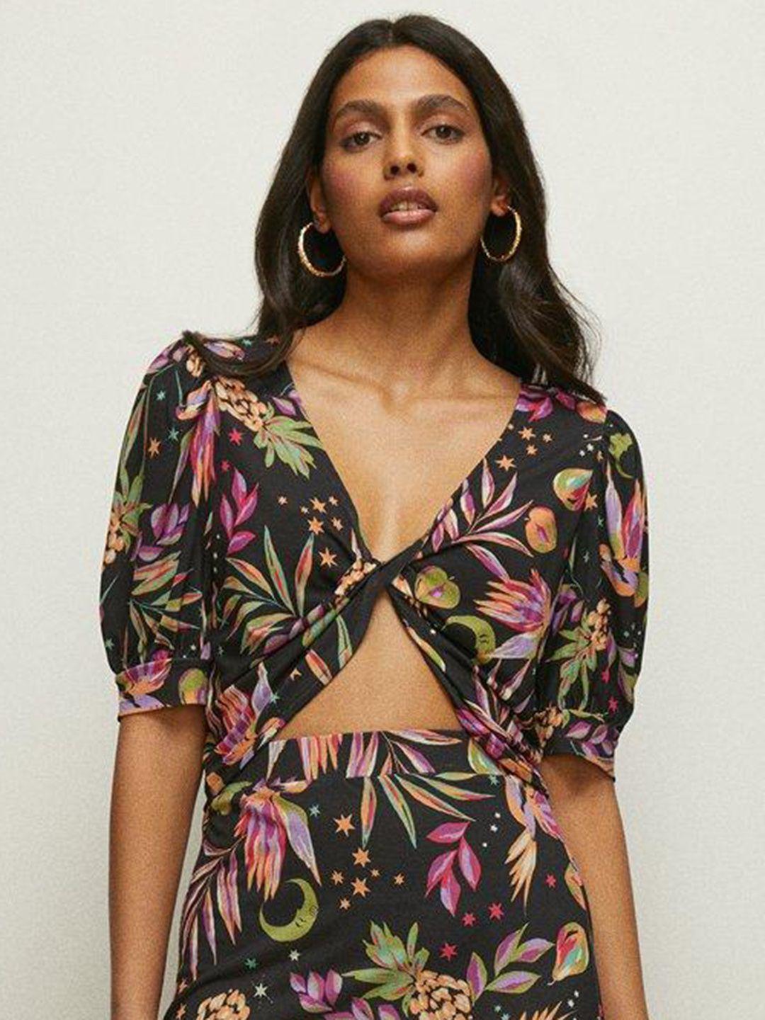 oasis tropical bird print puff sleeve twisted crop top