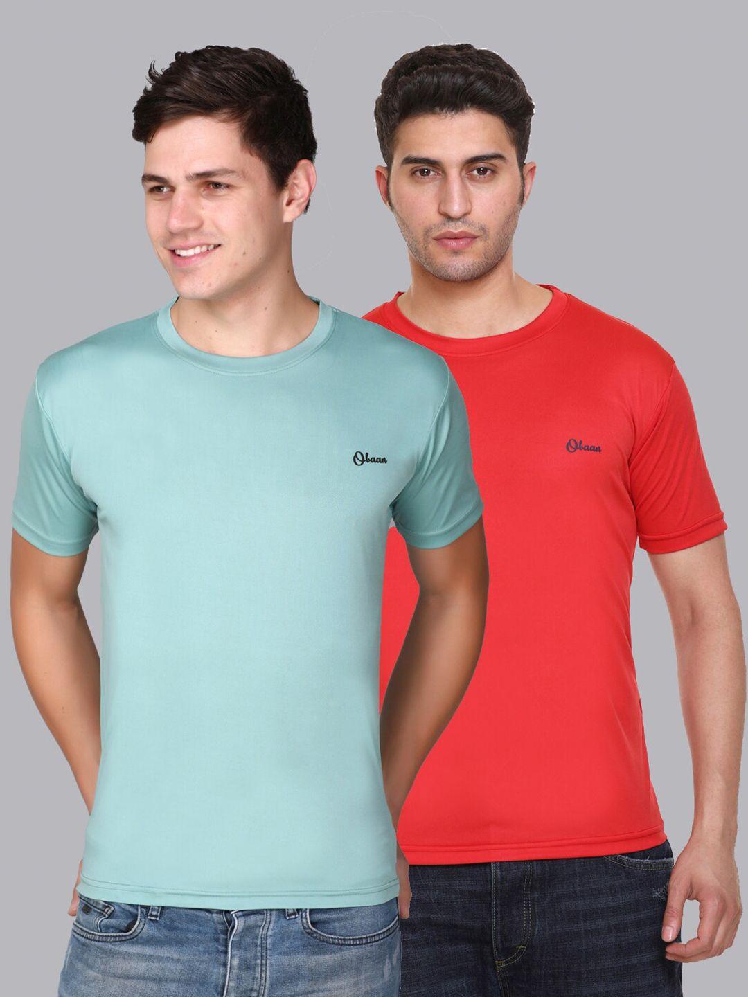 obaan men mint green & red set of 2 dri-fit training or gym t-shirt