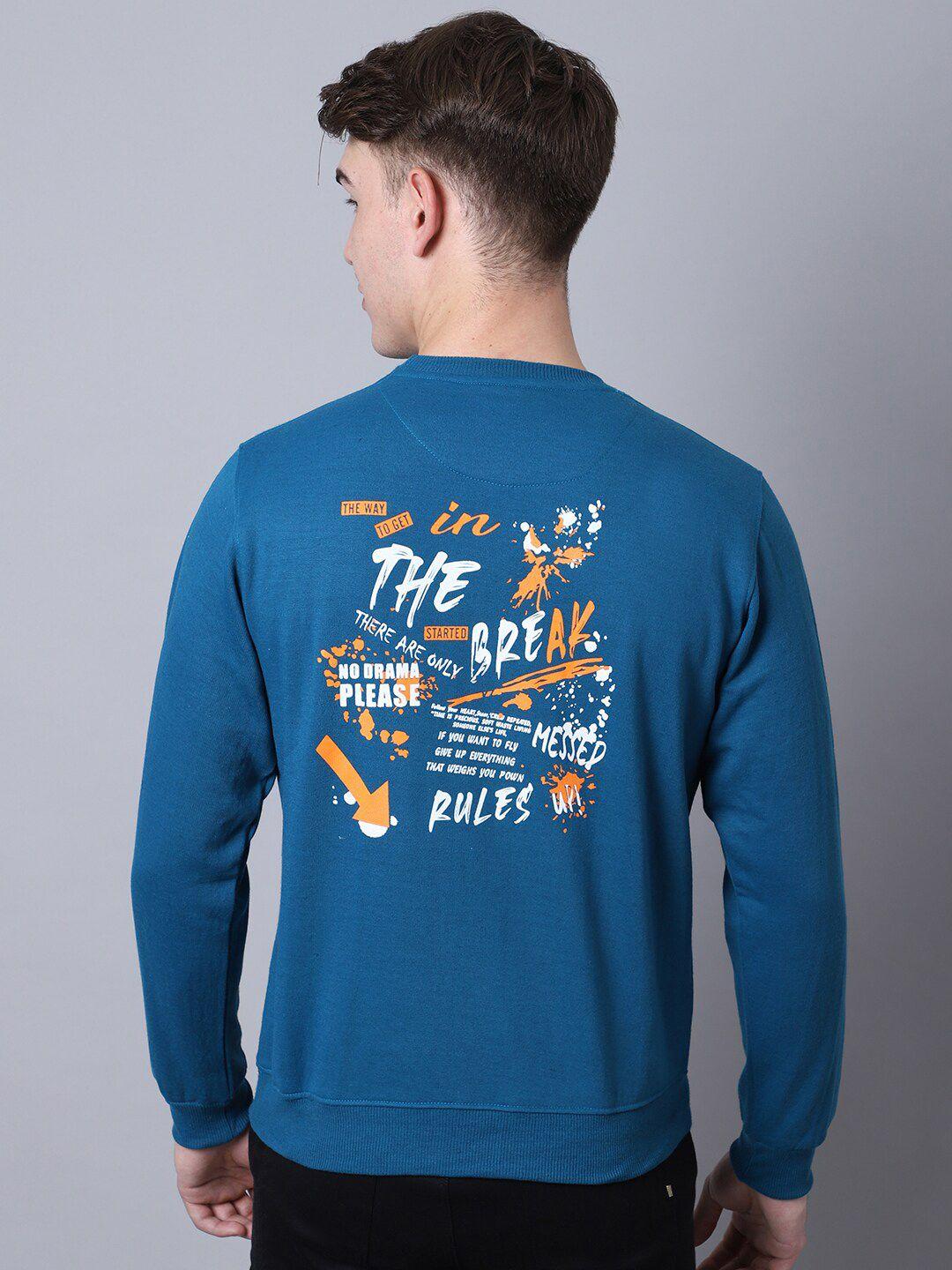 obaan men teal blue typography printed sweatshirt