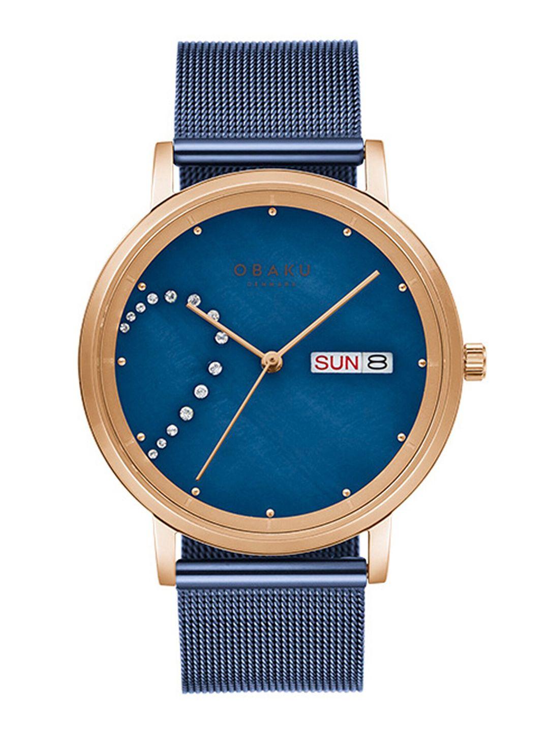 obaku men blue brass embellished dial & blue stainless steel bracelet style straps analogue watch