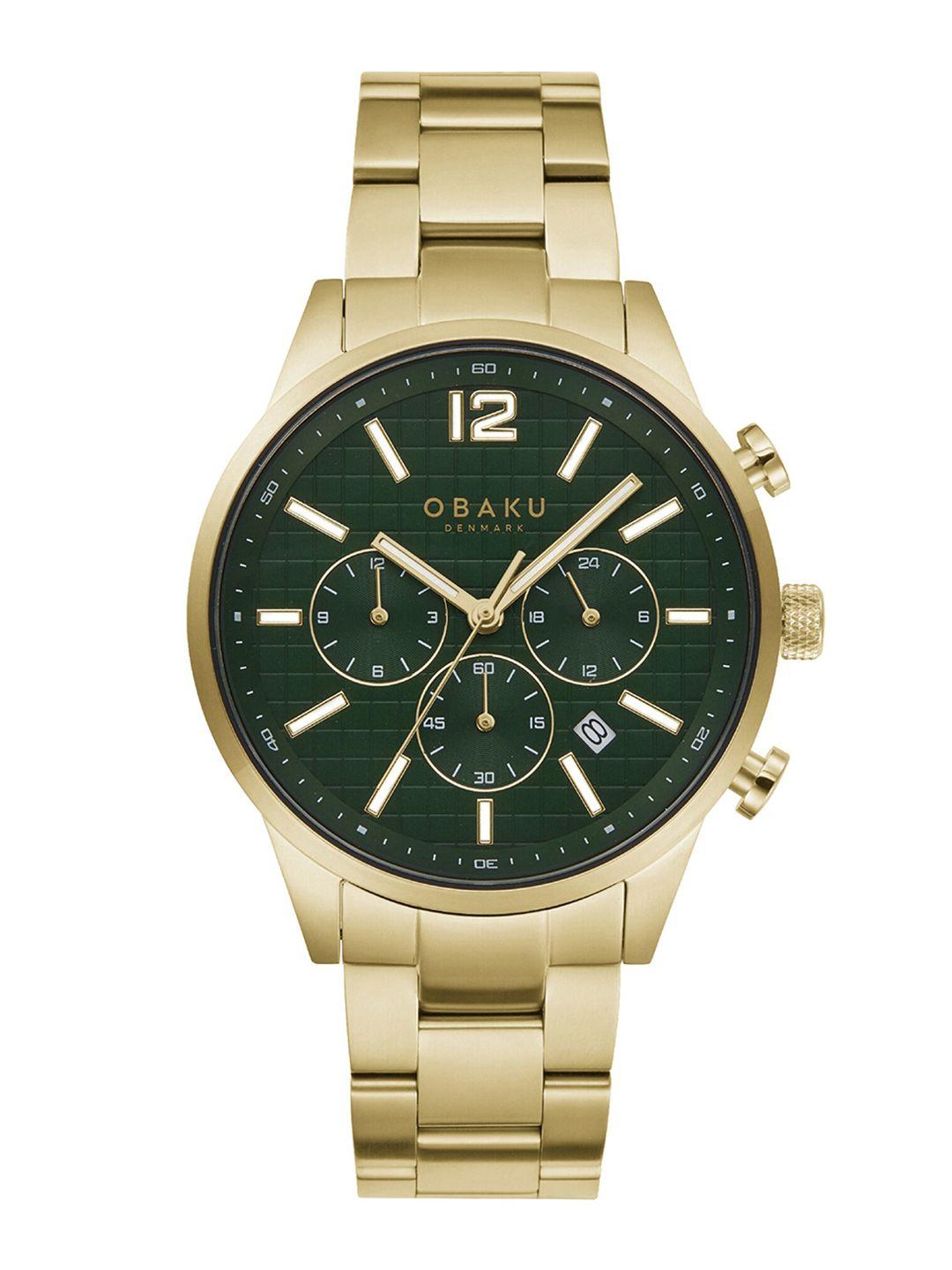 obaku men green brass embellished dial & gold toned stainless steel bracelet style straps analogue watch