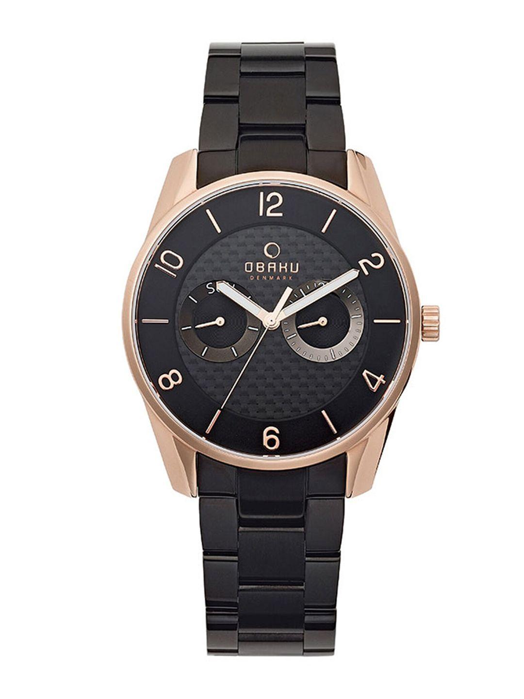 obaku men black brass embellished dial & black stainless steel bracelet style straps analogue multi function watch