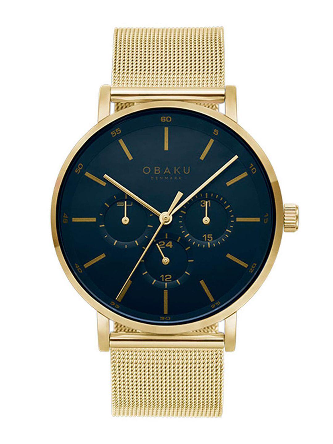 obaku men blue brass dial & gold toned bracelet style straps analogue watch v246gmglmg