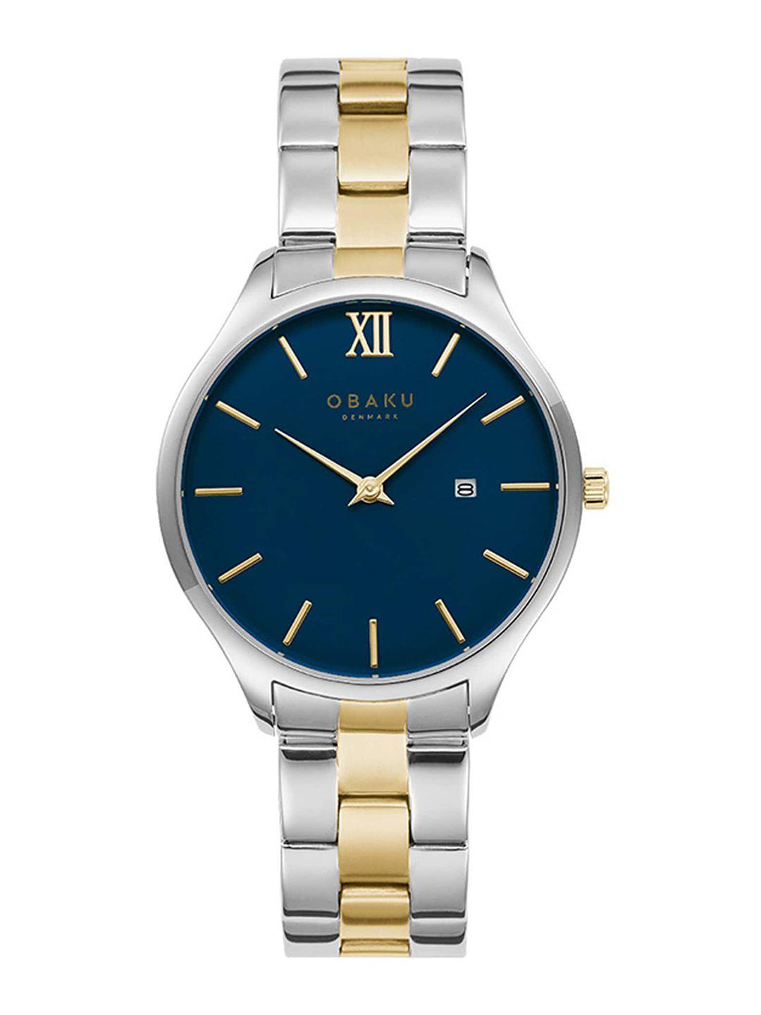 obaku men blue brass embellished dial & multicoloured stainless steel bracelet style straps analogue watch