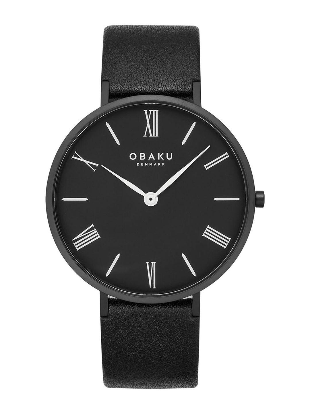 obaku men brass embellished dial & black leather straps analogue watch v283gxbbrb