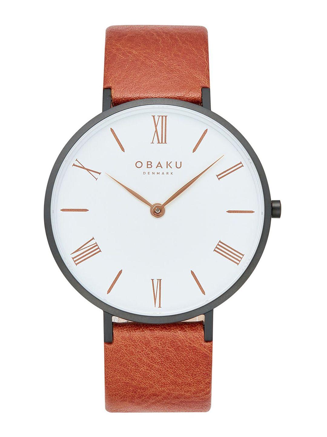 obaku men brass printed dial & leather bracelet style straps analogue watch v283gxbwrz