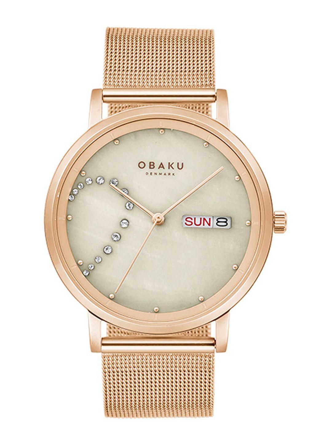 obaku men cream-coloured brass embellished dial & rose gold toned stainless steel bracelet style straps watch
