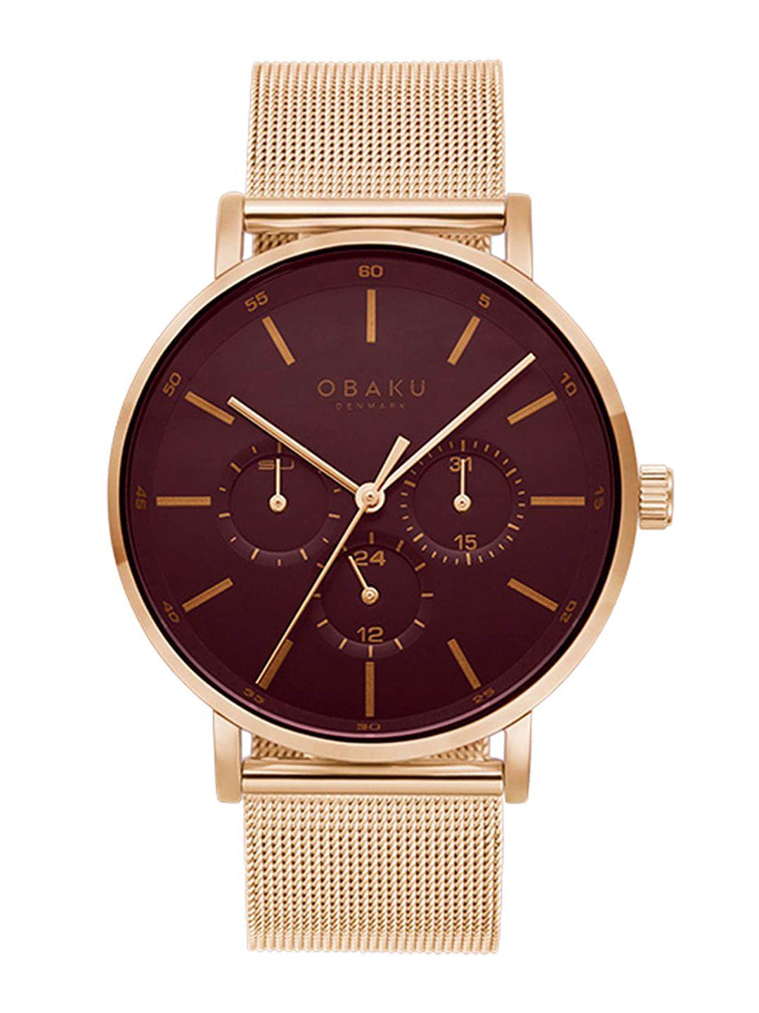 obaku men maroon brass dial & rose gold toned stainless steel bracelet style straps analogue watch