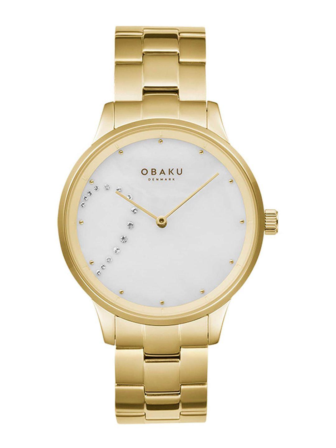 obaku men white brass dial & gold toned stainless steel bracelet style straps analogue watch v247ghgwsg
