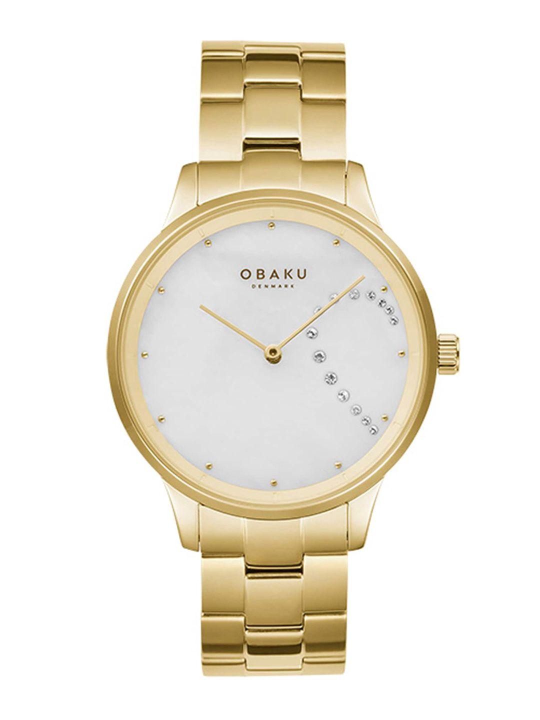 obaku women white brass embellished dial & gold toned straps analogue watch v247lhgwsg