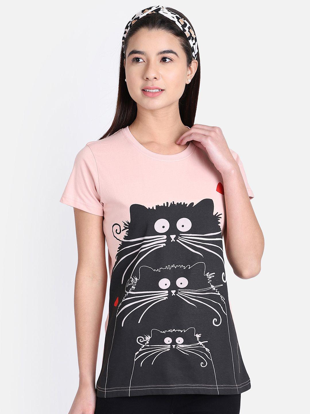 obow women pink  black printed round neck pure cotton t-shirt