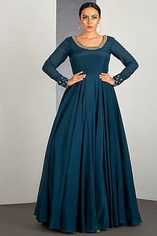 ocean blue flared gown with pipework