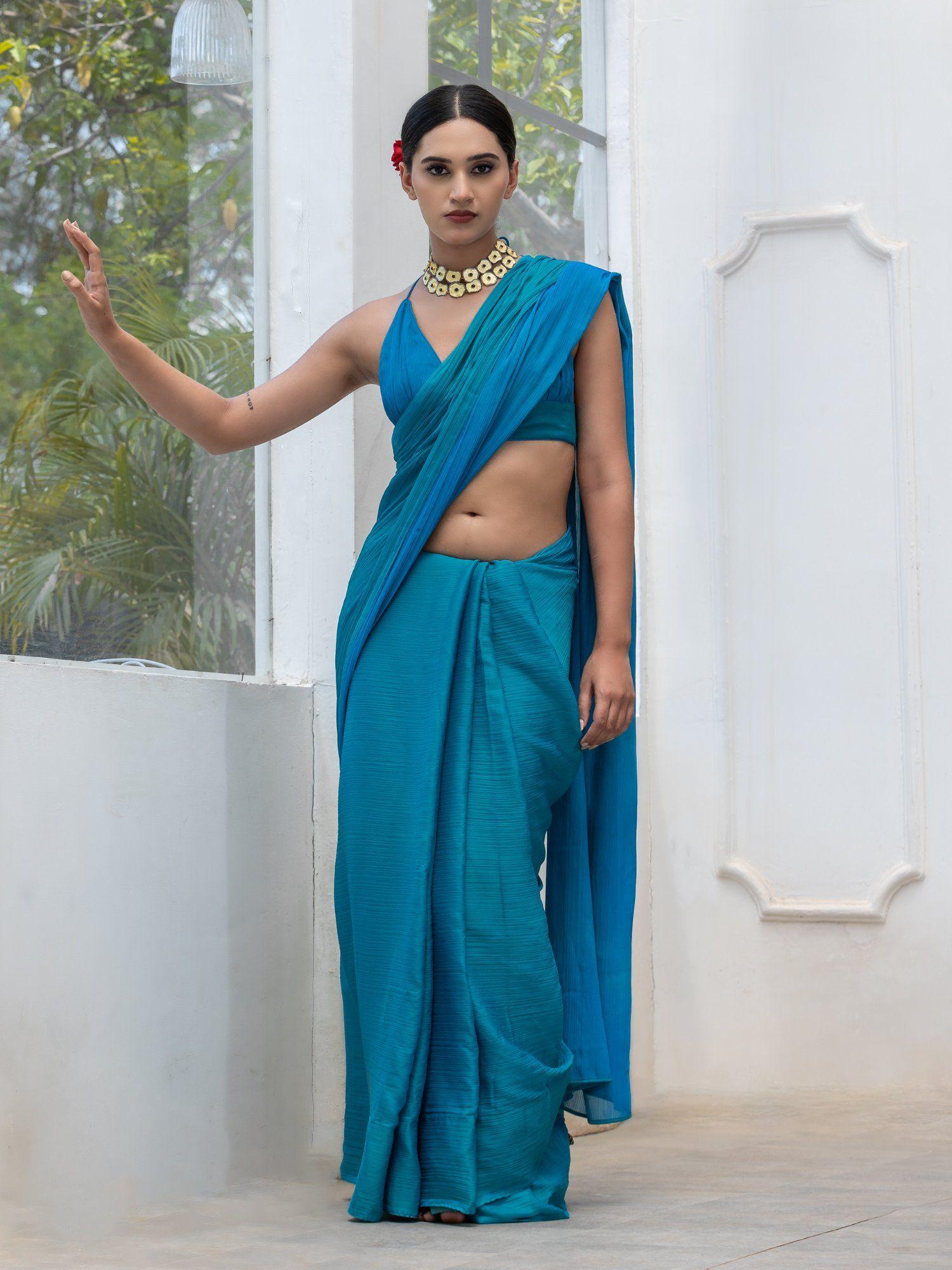 ocean blue & green dual shade chiffon saree with unstitched blouse
