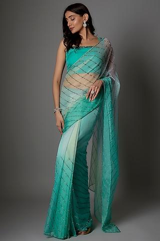 ocean blue crystal organza embellished draped saree set