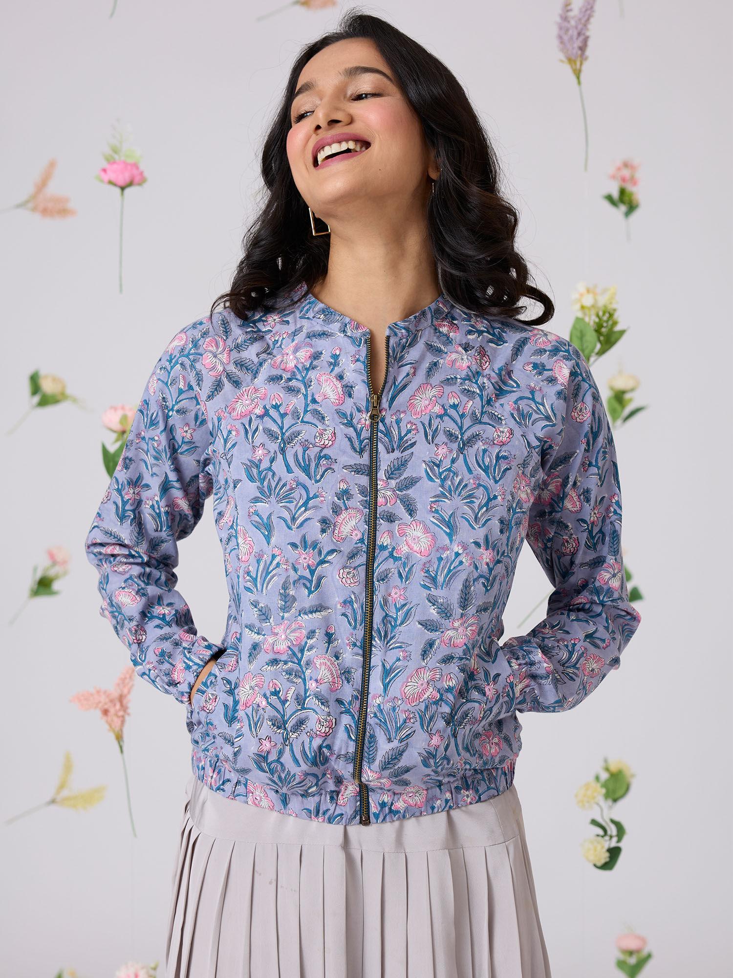 ocean blue floral printed bomber jacket