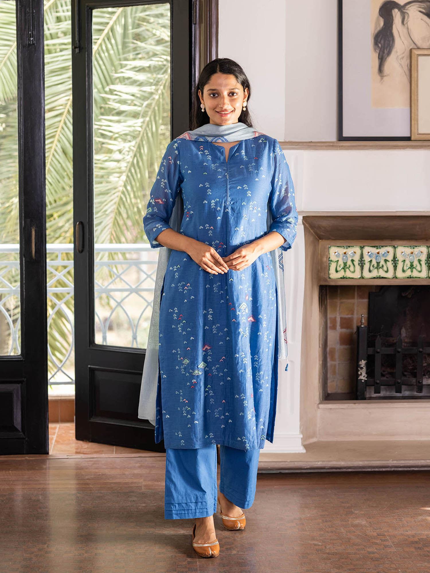 ocean blue geometric print kurta with pant and dupatta (set of 3)